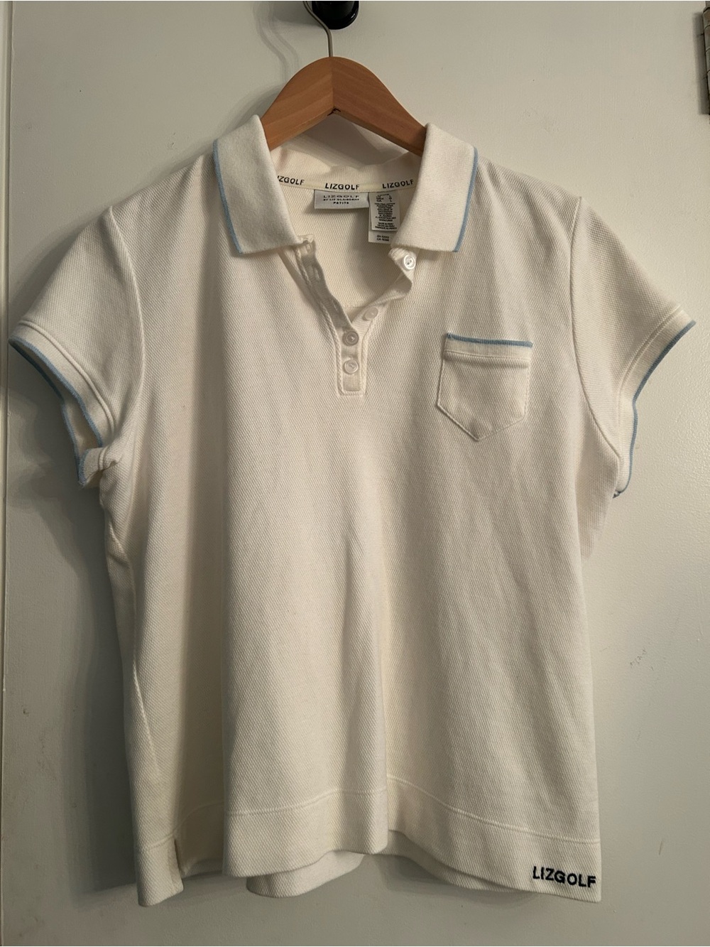 LizGolf Women's White Polo w/Light Blue Trim size Large Petite